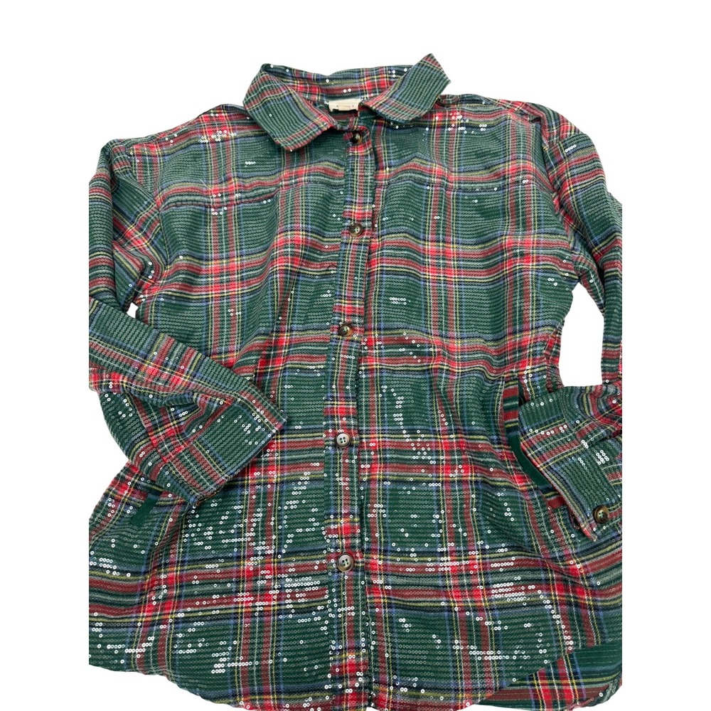 BiBi Women Sequin Plaid Button Down Shirt Green Red Holiday Sparkle XL